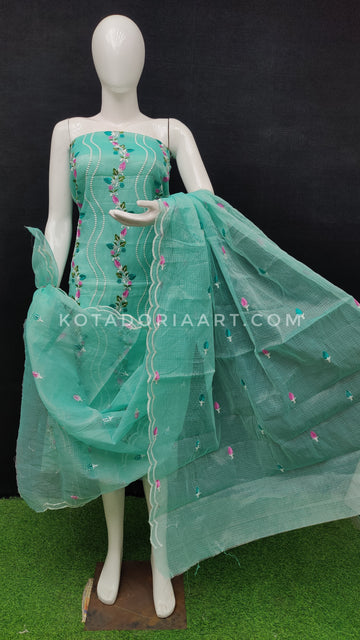 Sea Green Kota Doria Cotton Embroidery Work Dress Material