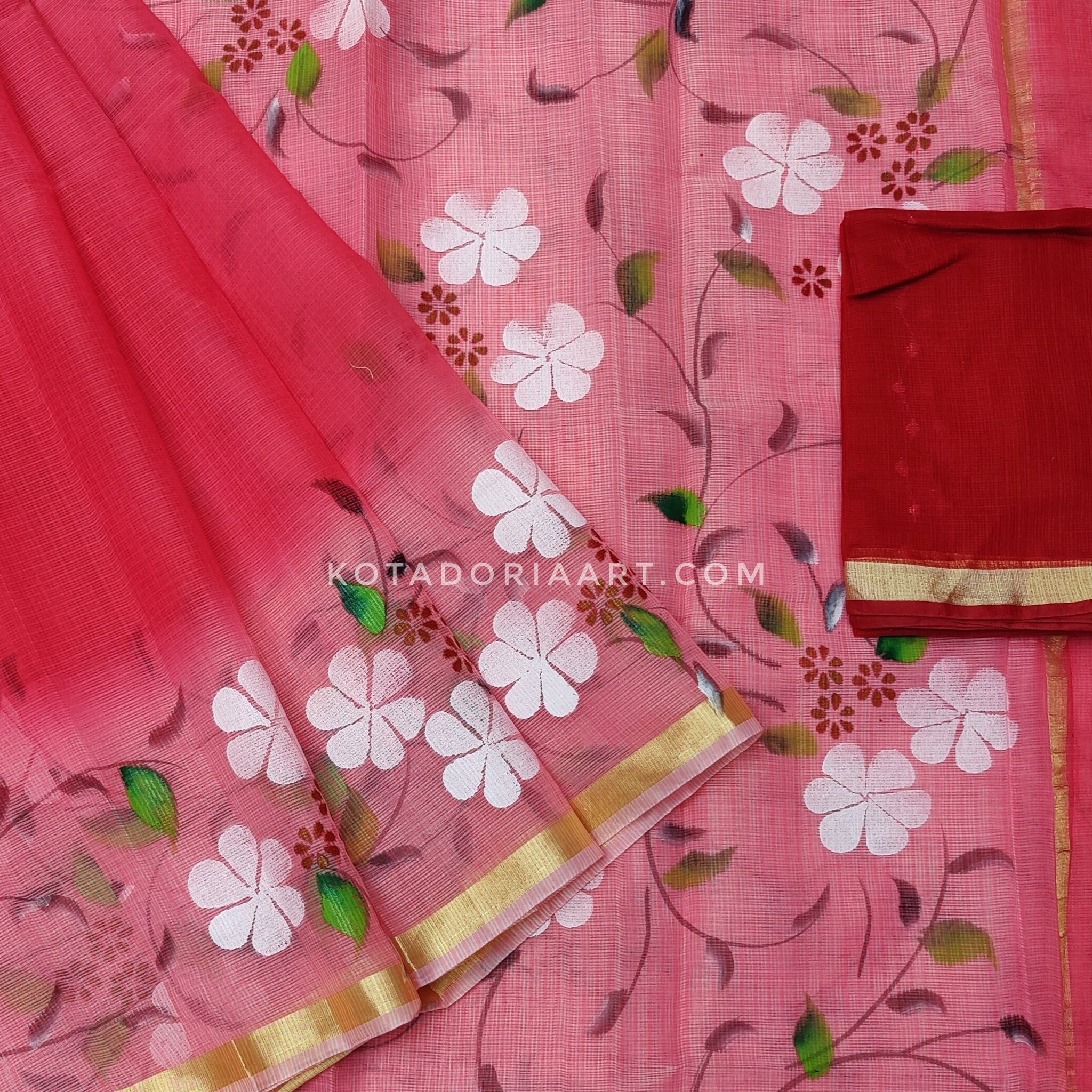 Peach Cotton Kota Doria Hand Painted Saree With Contrast Blouse