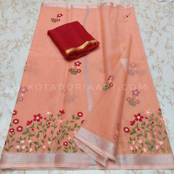 Orange Cotton Kota Doria Embroidery Work Saree With Contrast Blouse Piece