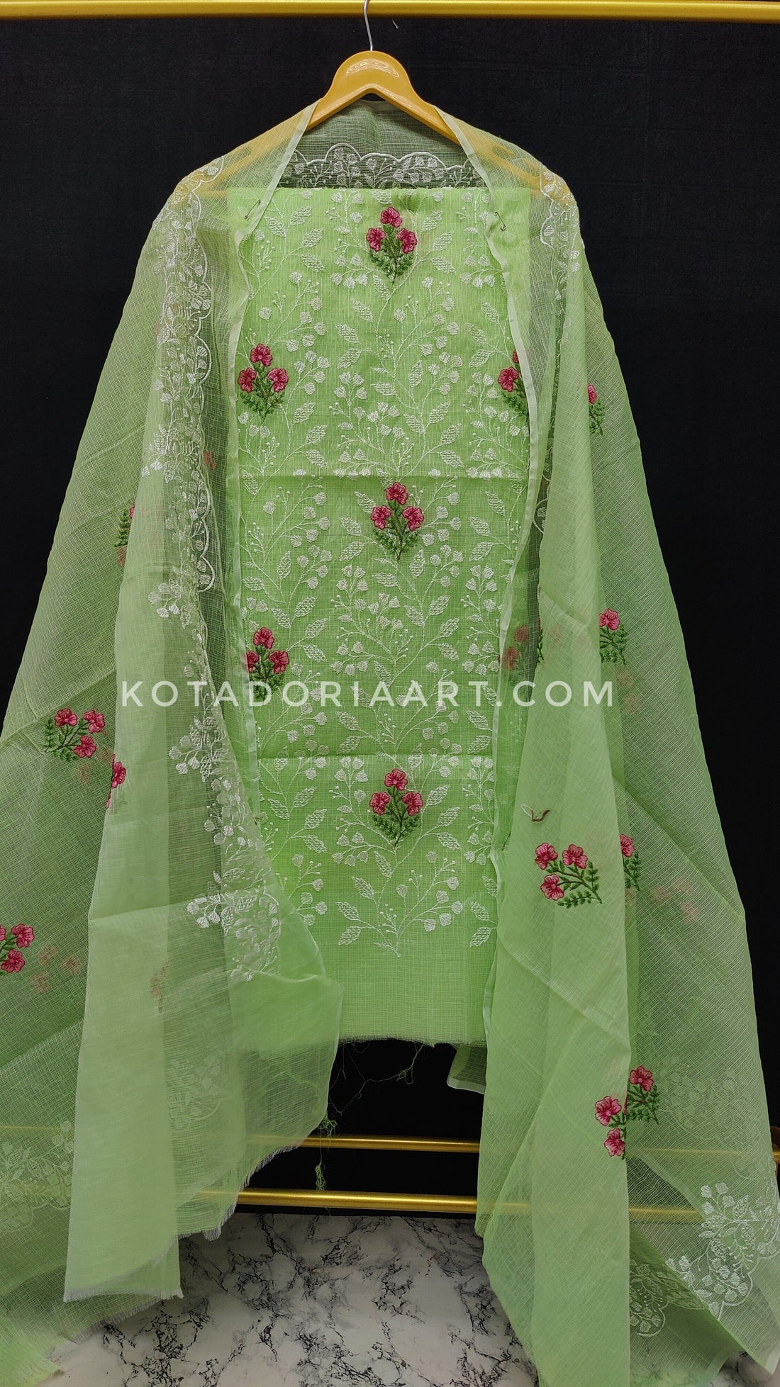 Green Kota Doria Cotton Embroidery Work Dress Material -