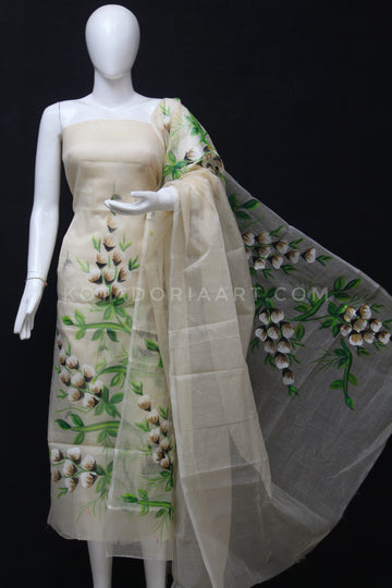 Beige Kota Doria Cotton Hand Pented Dress Material With Bottom.