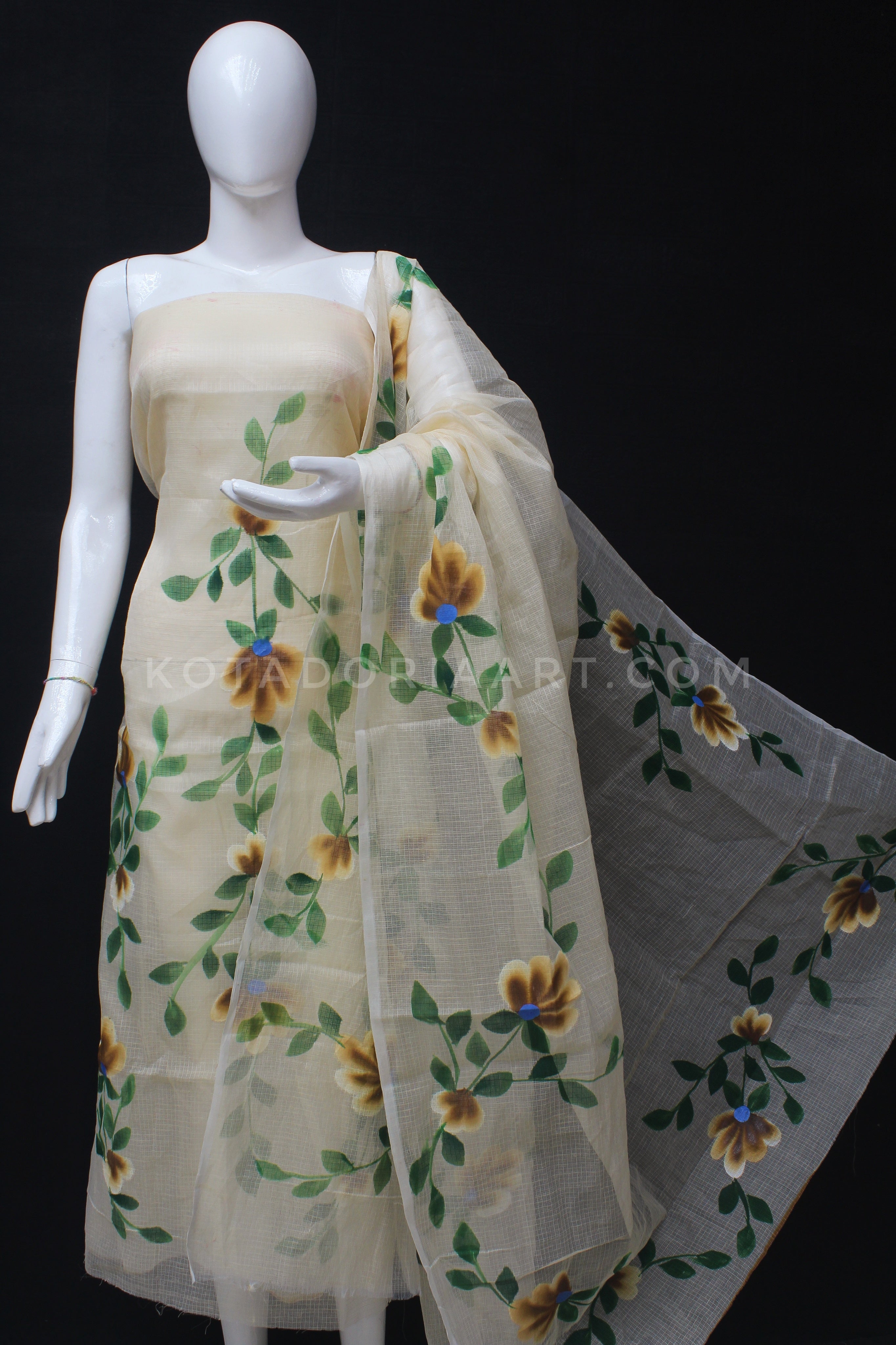 Beige Doria Cotton Hand Pented Dress Material With Bottom.