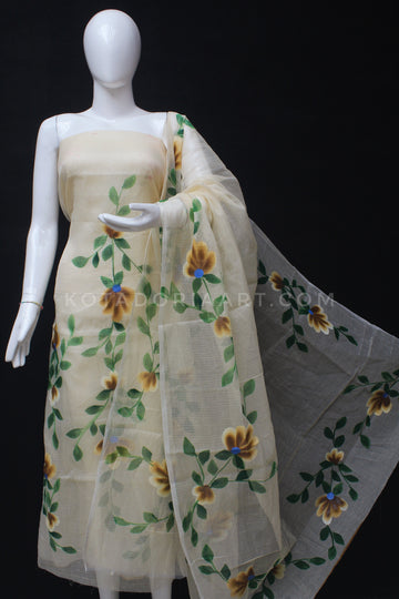 Beige Doria Cotton Hand Pented Dress Material With Bottom.