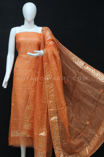 Orange Kota Doria Cotton Gota-Patti Work Dress Material with Bottom