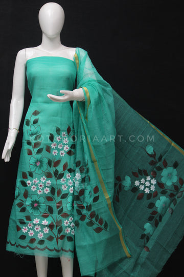 Sea Green Kota Doria Cotton Hand Pented Dress Material With Bottom.