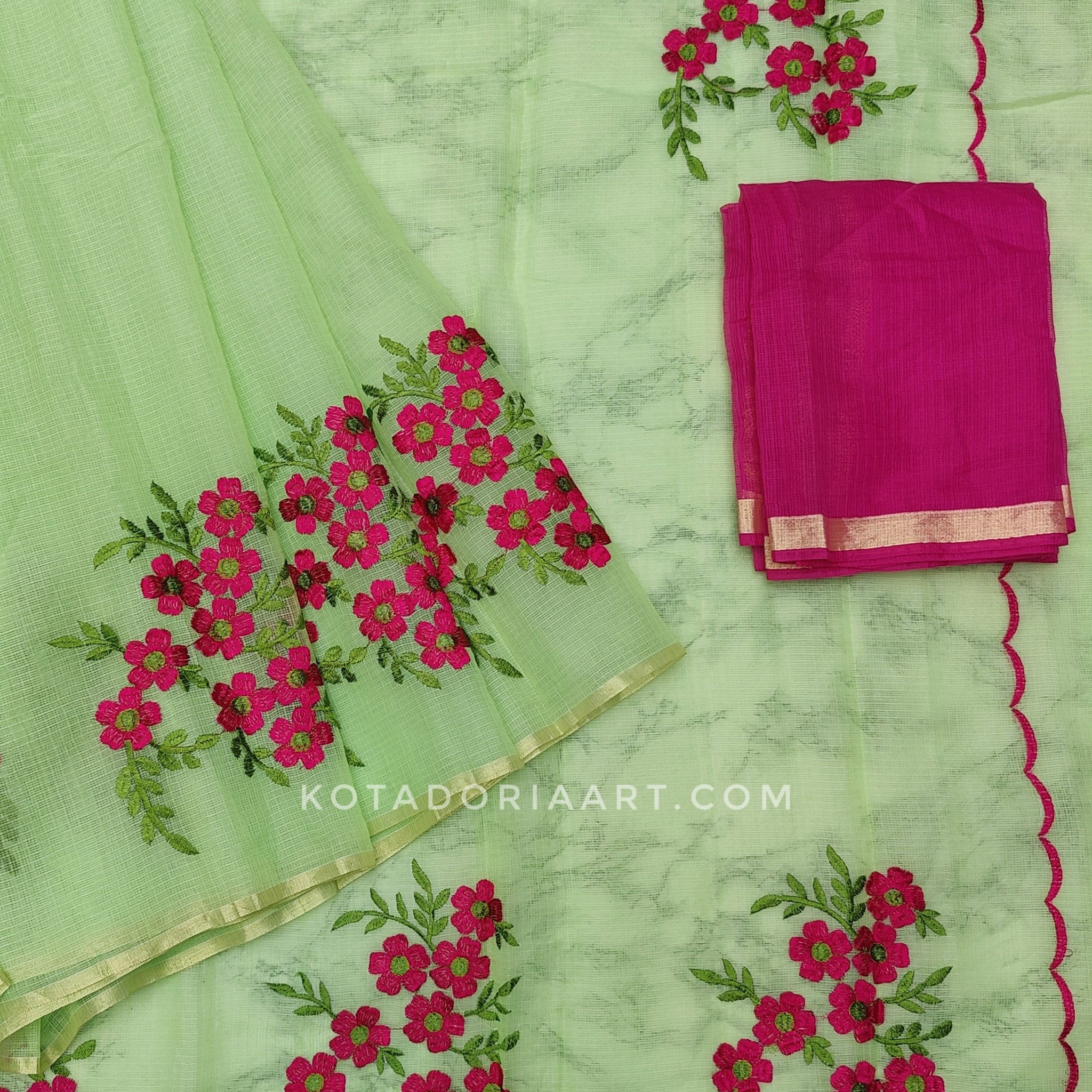 Green Cotton Kota Doria Embroidery Work Saree With Contrast Blouse Piece