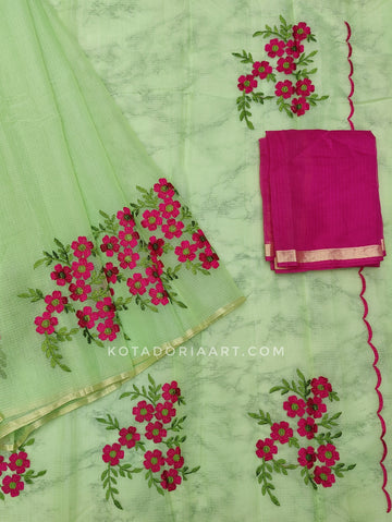 Green Cotton Kota Doria Embroidery Work Saree With Contrast Blouse Piece