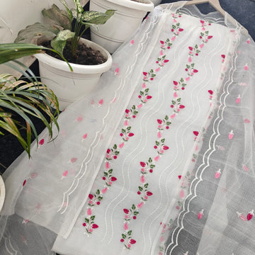 White Kota Doria Cotton Embroidery Work Dress Material