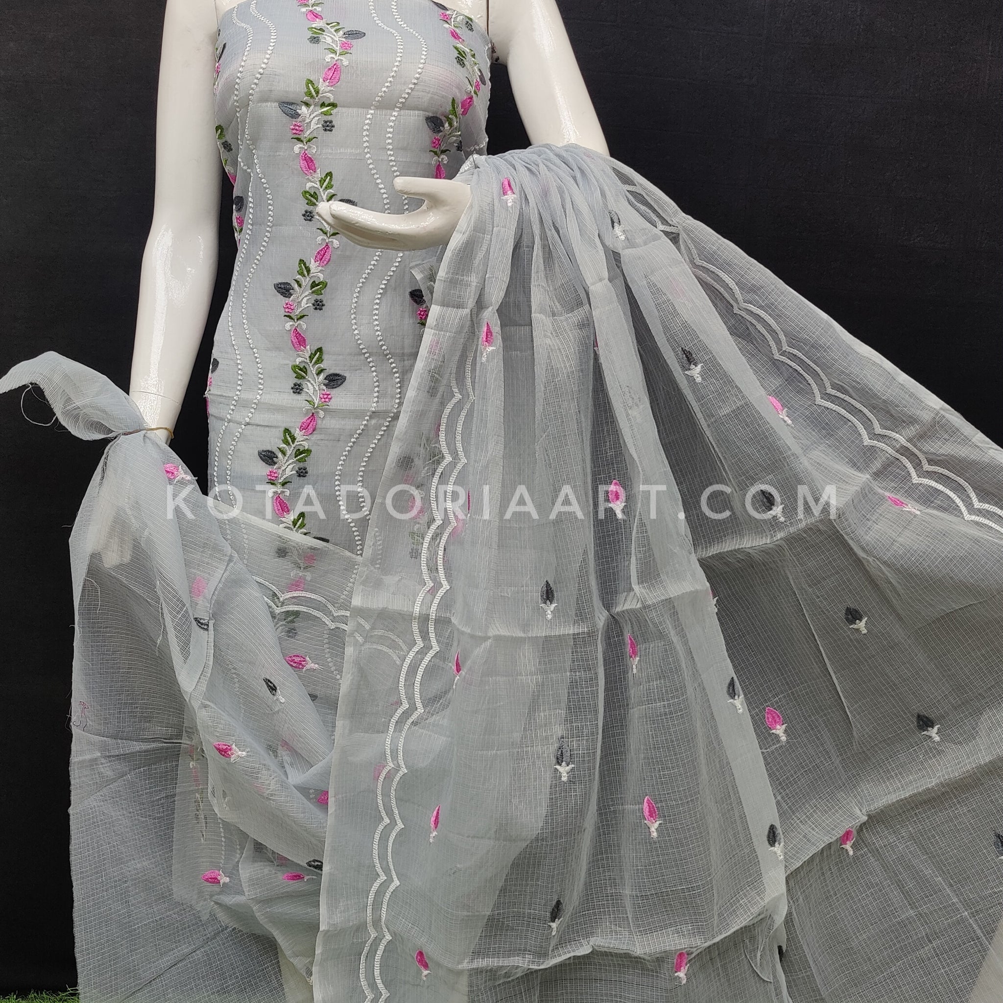 Gray Kota Doria Cotton Embroidery Work Dress Material