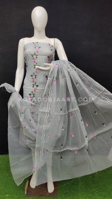 Gray Kota Doria Cotton Embroidery Work Dress Material