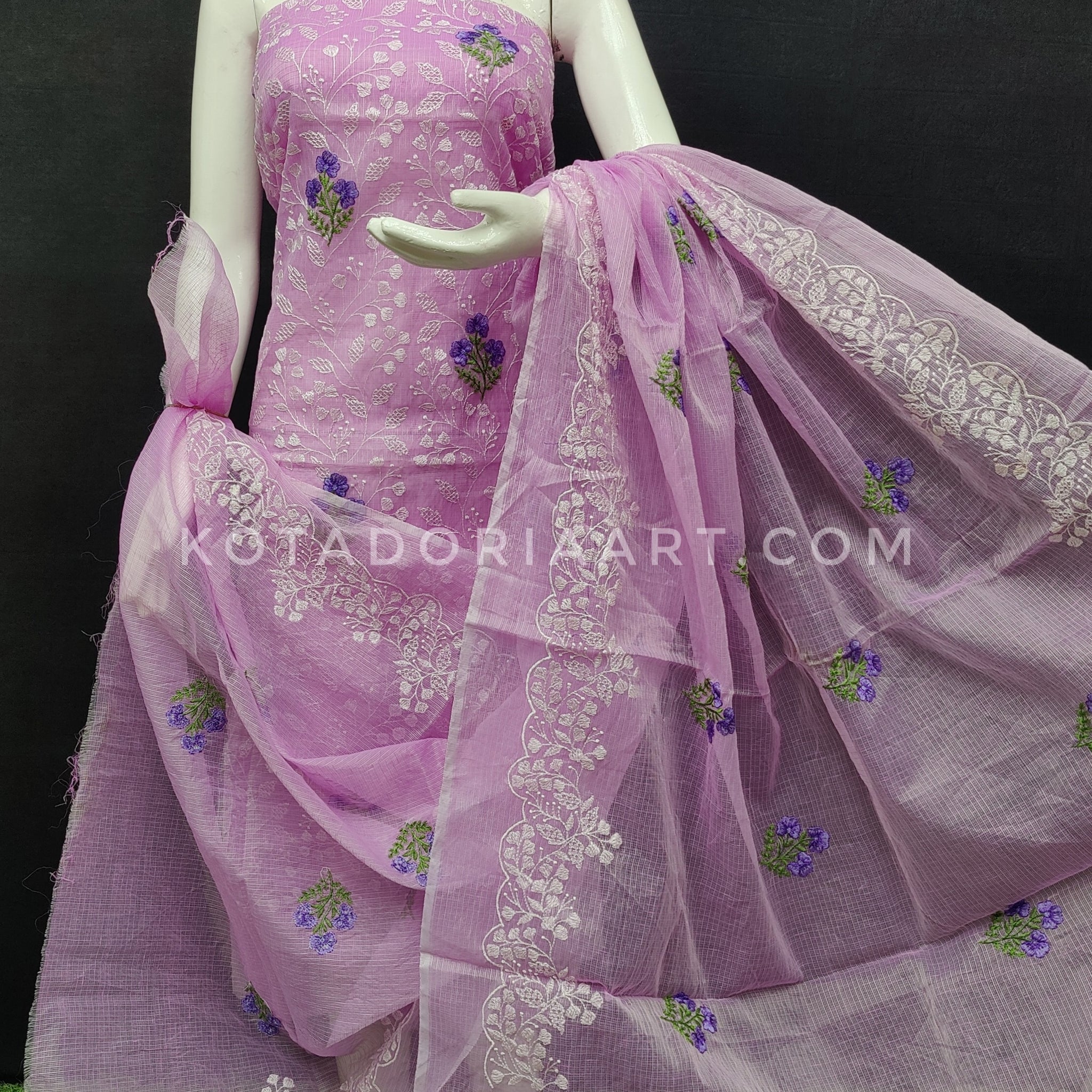 Purple Kota Doria Cotton Embroidery Work Dress Material