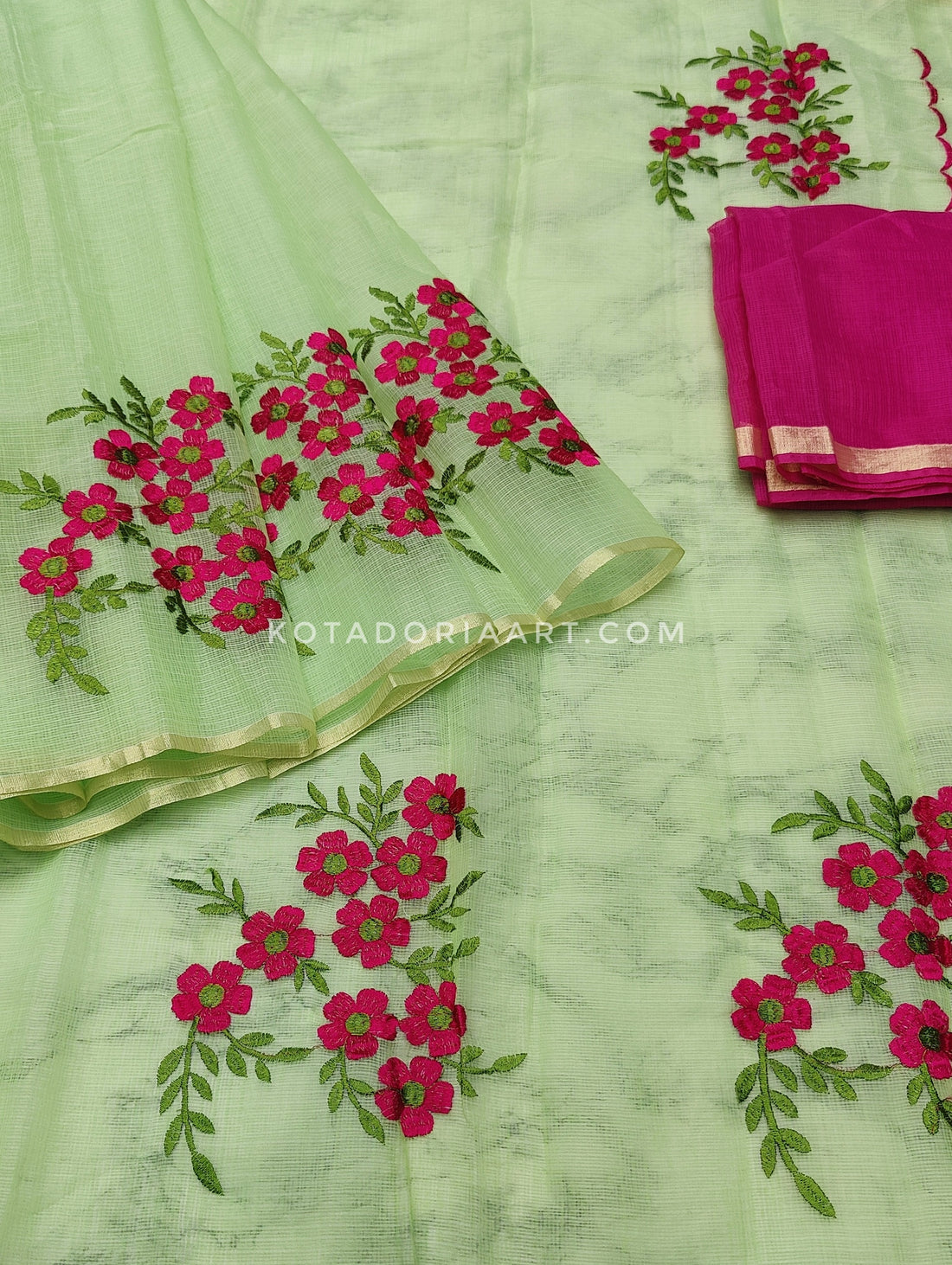 Green Cotton Kota Doria Embroidery Work Saree With Contrast Blouse Piece