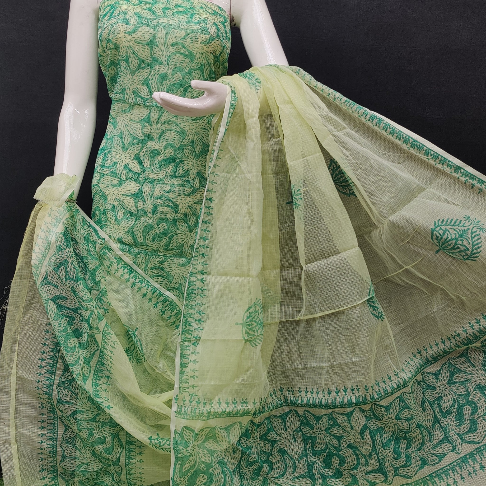 Green Kota Doria Cotton Block Printed Dress Material