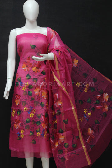 Raani Kota Doria Cotton Hand Pented Dress Material With Bottom.