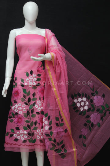 Pink Kota Doria Cotton Hand Pented Dress Material With Bottom.