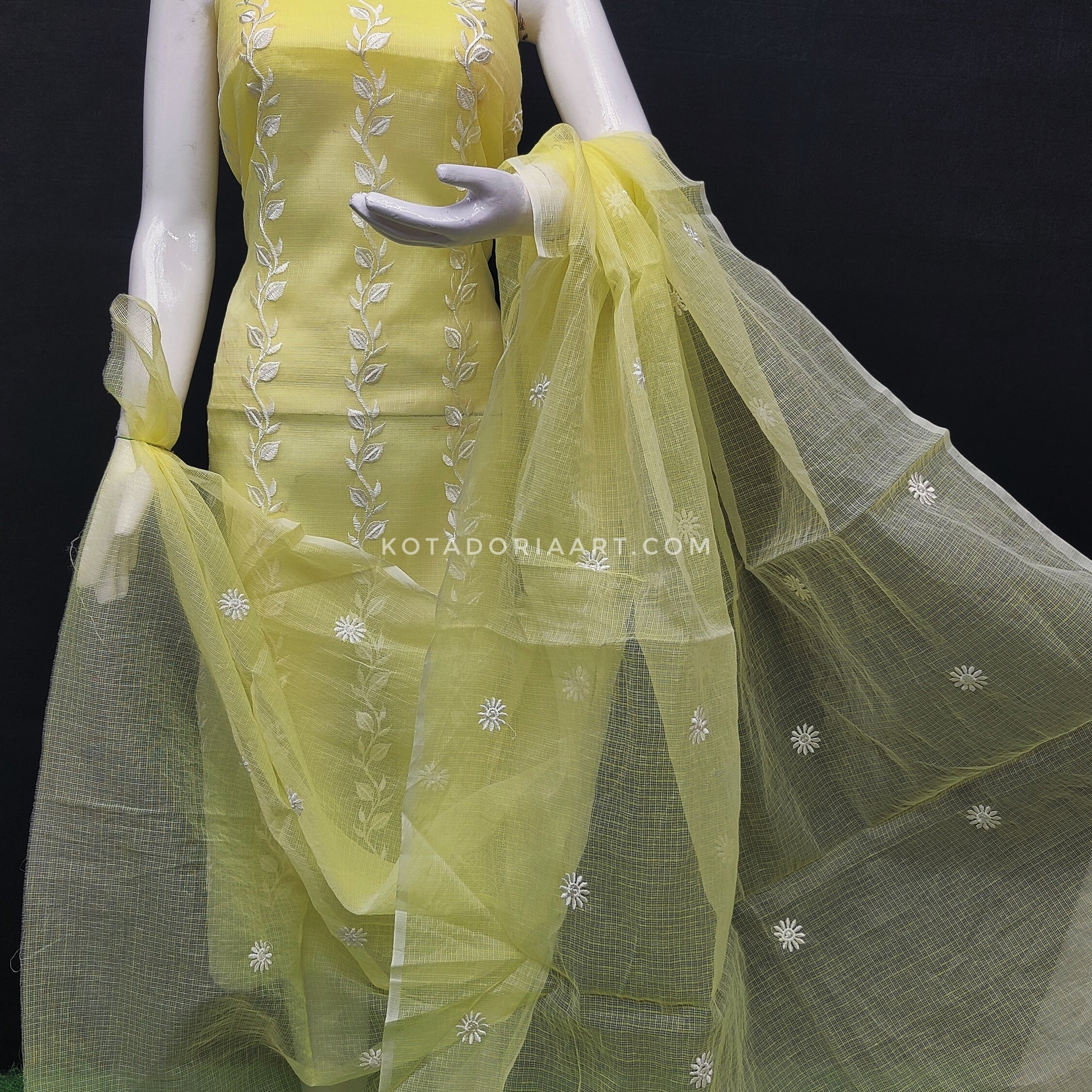 Lemon Kota Doria Cotton Embroidery Work Dress Material