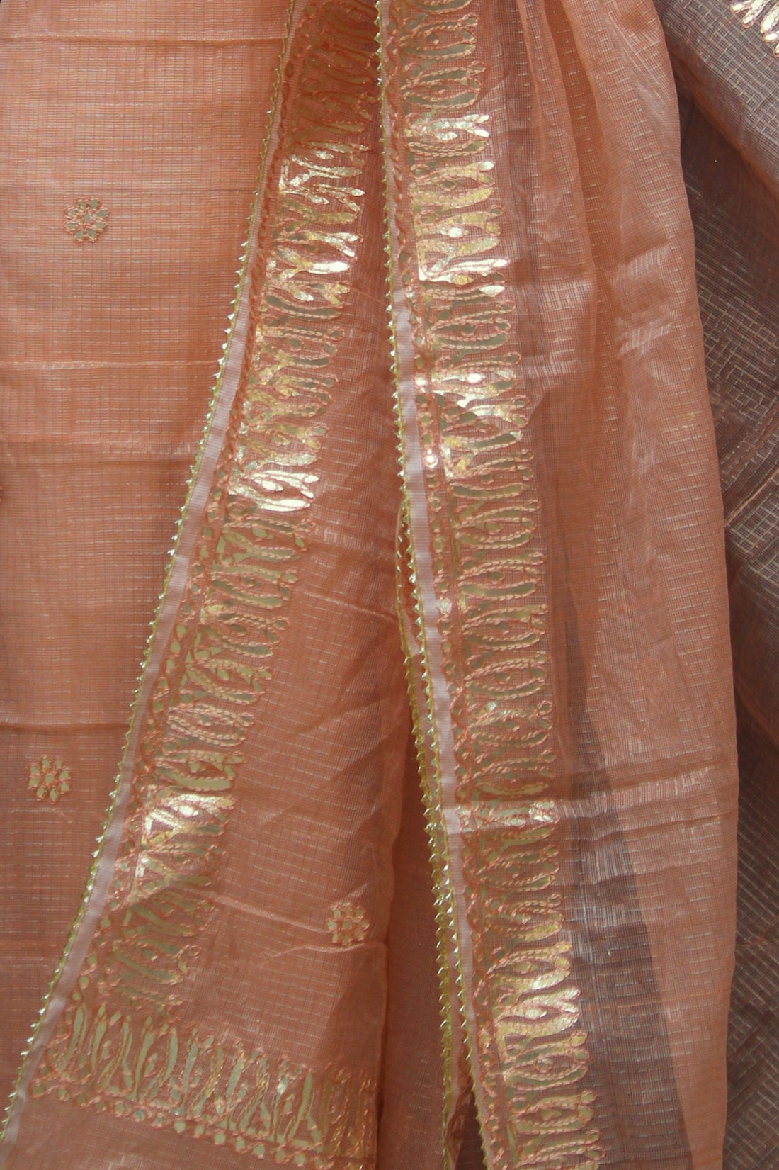 Peach Kota Doria Cotton Gota-Patti Work Dress Material with Bottom