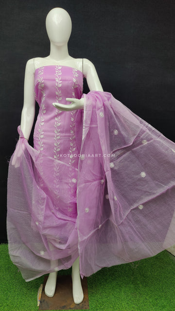 Purple Kota Doria Cotton Embroidery Work Dress Material