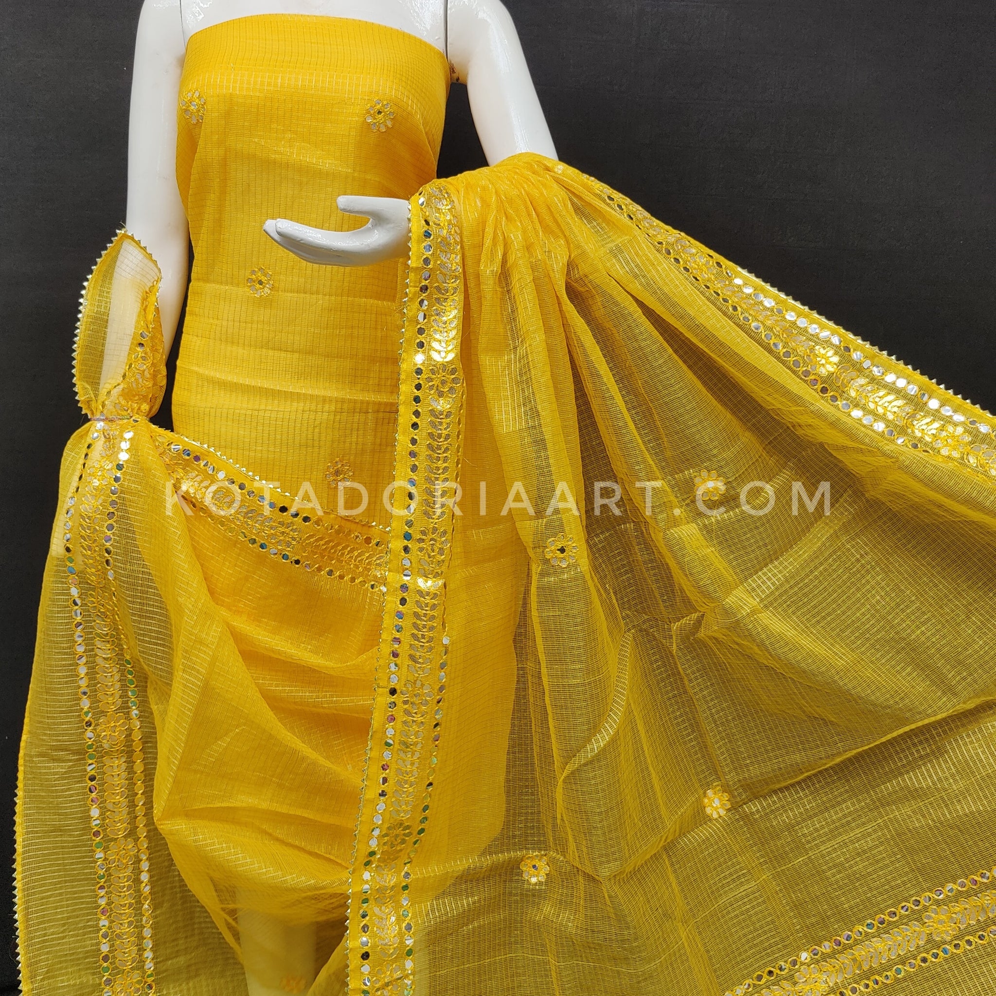 Yellow Kota Doria Cotton Gota-Patti Work Dress Material with Bottom