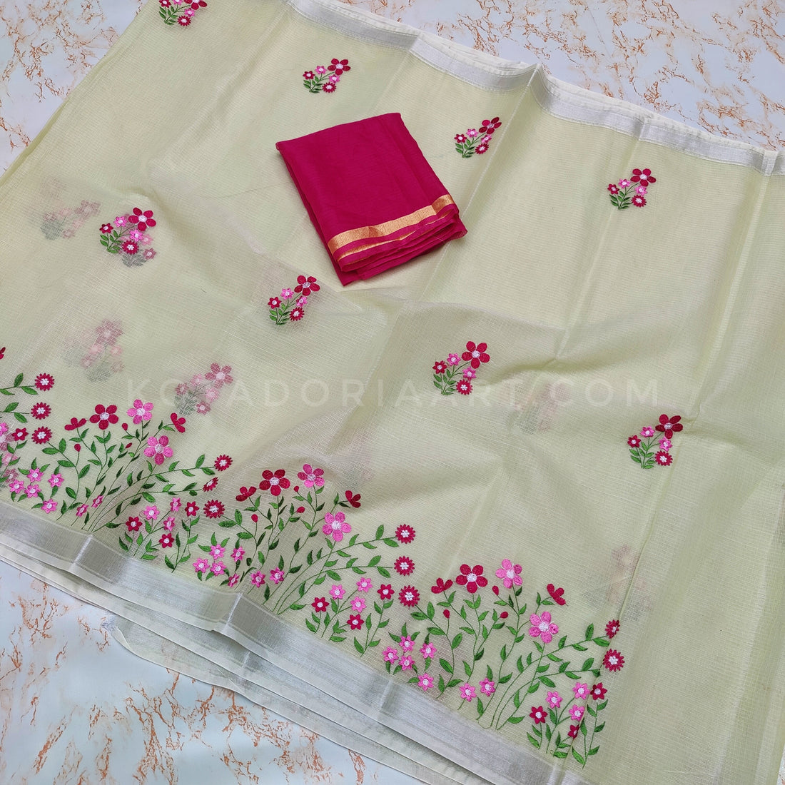 Pista-green Cotton Kota Doria Embroidery Work Saree With Contrast Blouse Piece