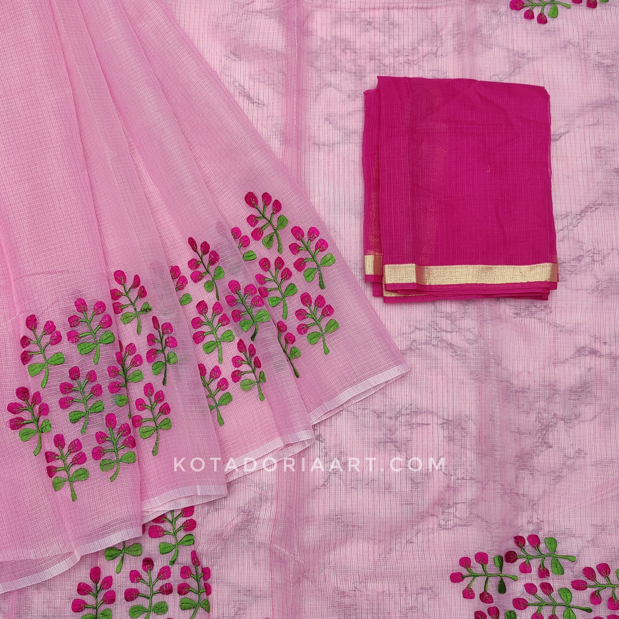 Pink Cotton Kota Doria Embroidery Work Saree With Contrast Blouse Piece