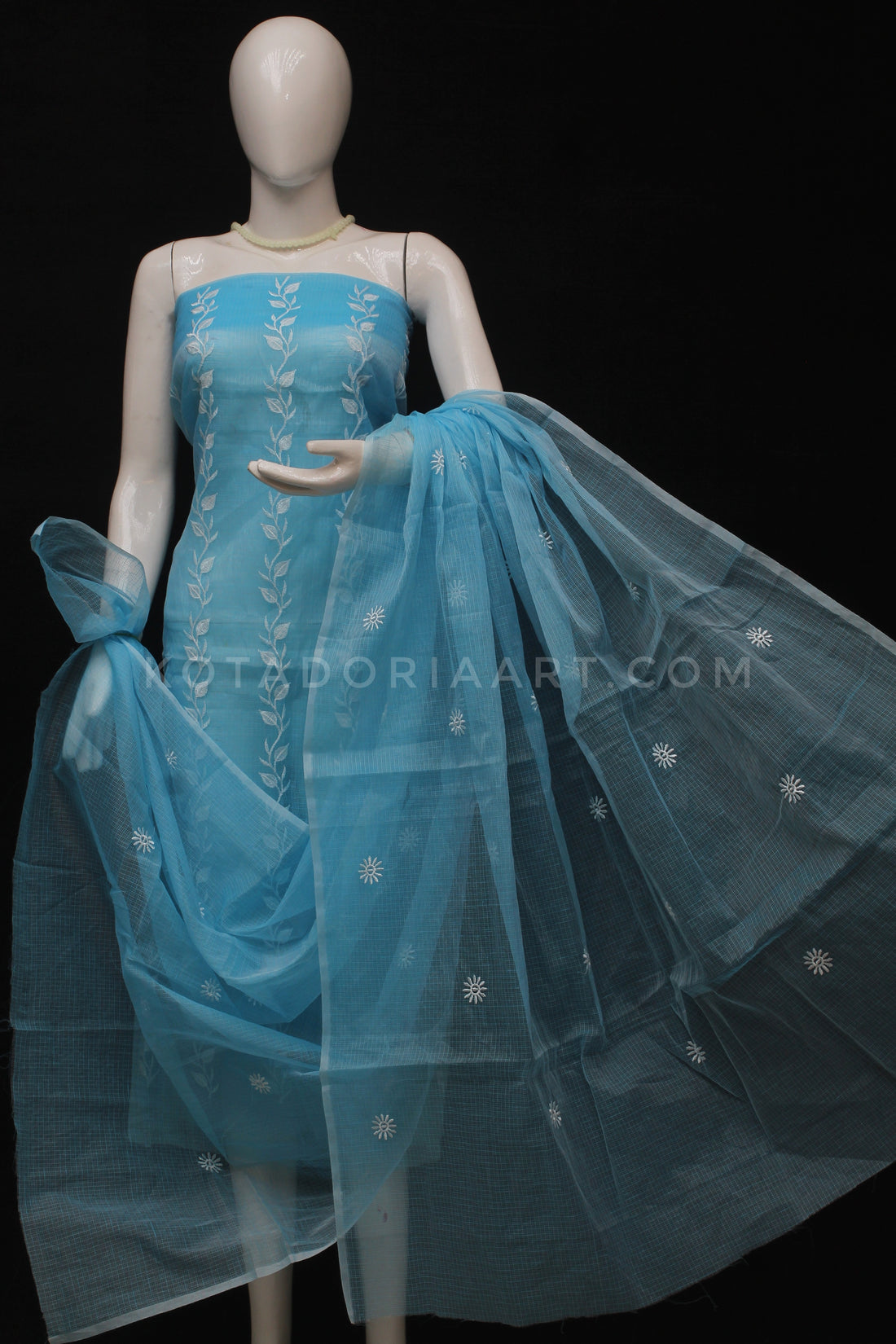 Sky-blue Kota Doria Cotton Embroidery Work Dress Material