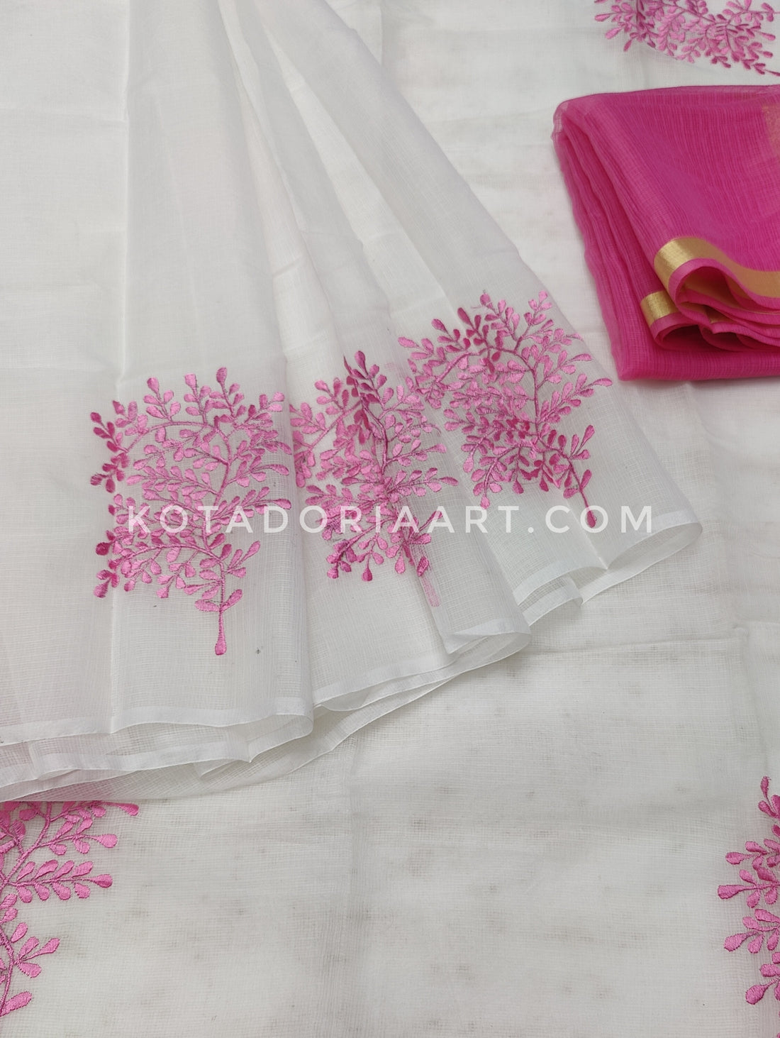 White Cotton Kota Doria Embroidery Work Saree With Contrast Blouse Piece
