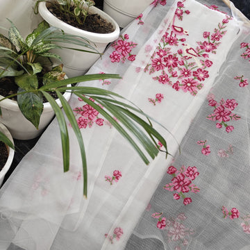 White Kota Doria Cotton Embroidery Work Dress Material