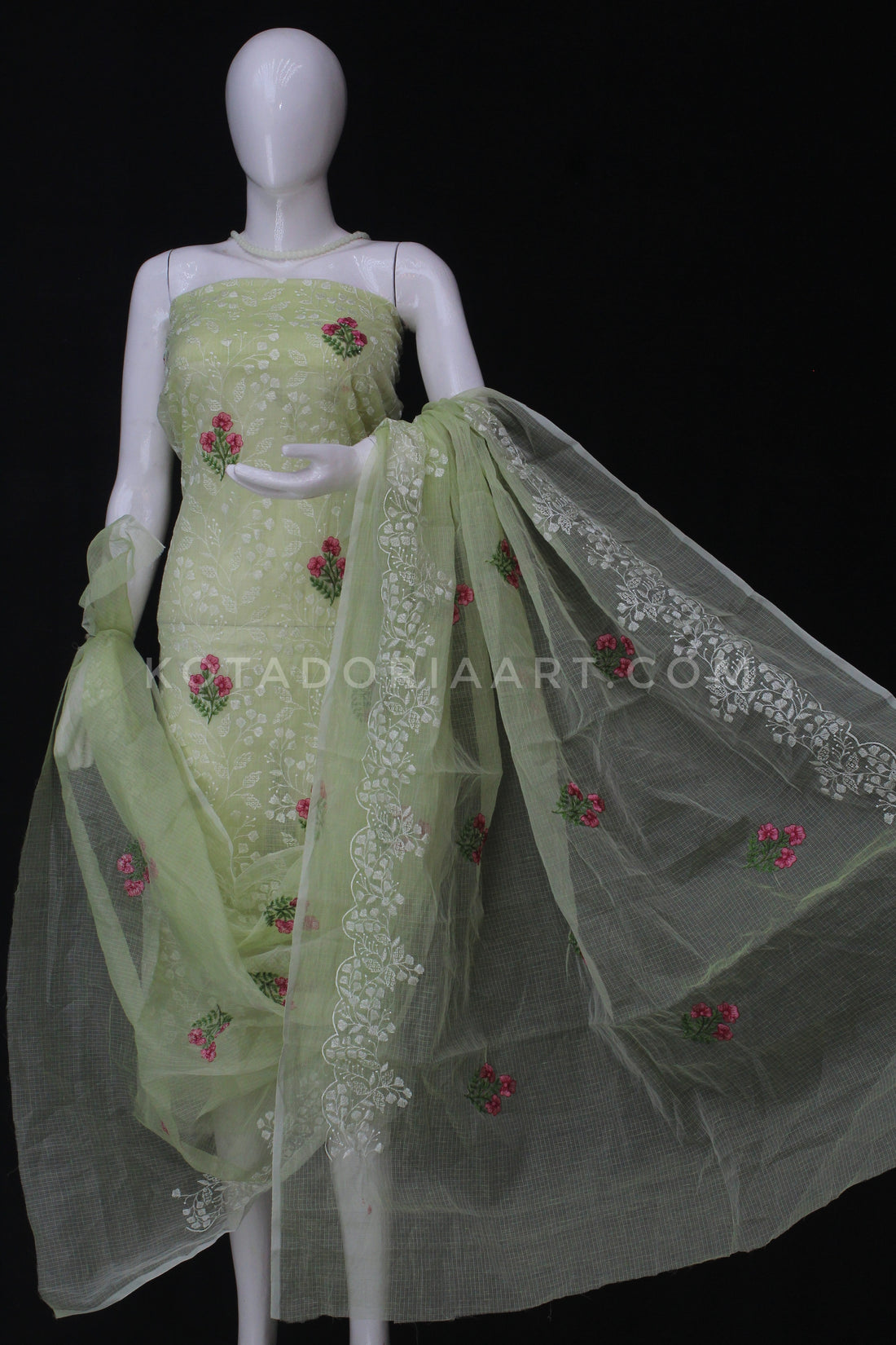 Pista-green Kota Doria Cotton Embroidery Work Dress Material