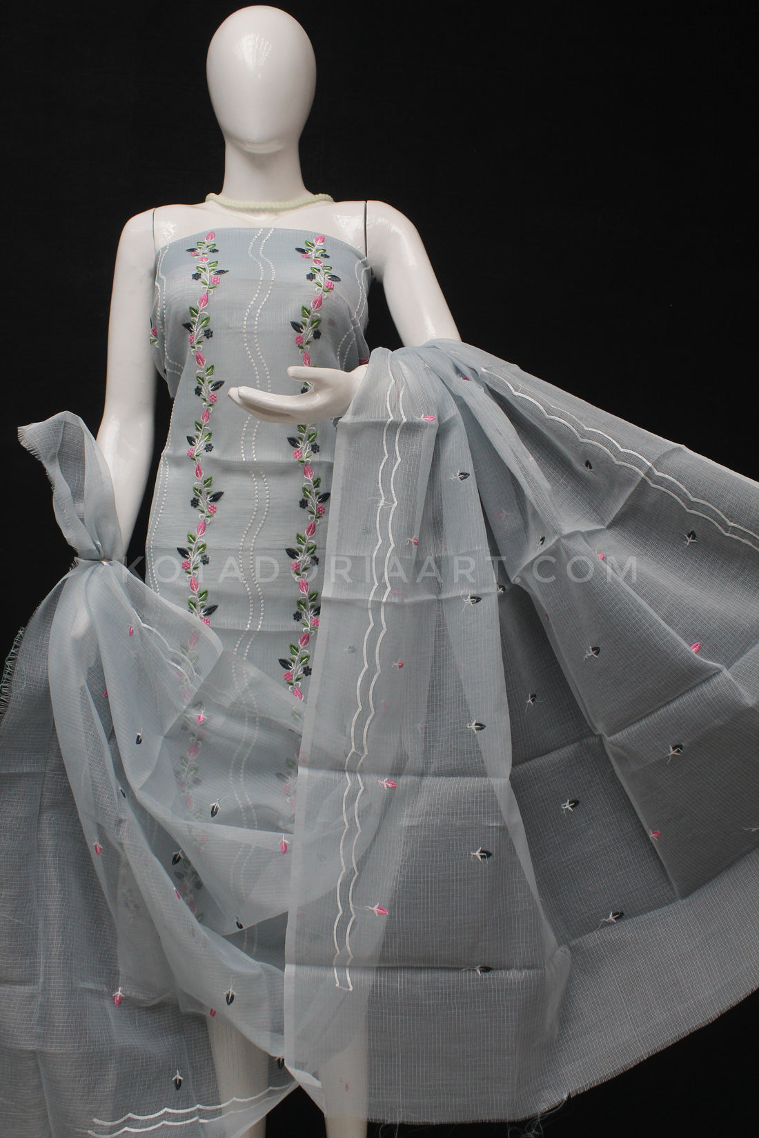 Gray Kota Doria Cotton Embroidery Work Dress Material