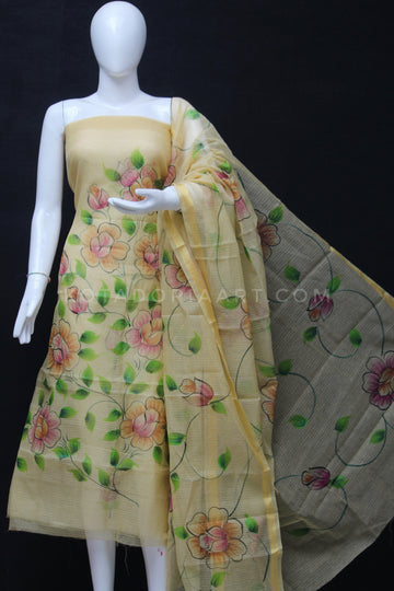 Beige Kota Doria Cotton Hand Pented Dress Material With Bottom.