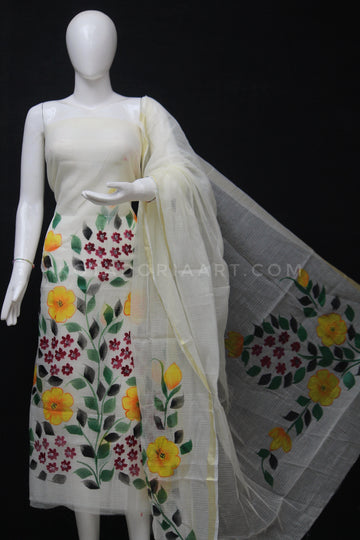 Cream Kota Doria Cotton Hand Pented Dress Material With Bottom.