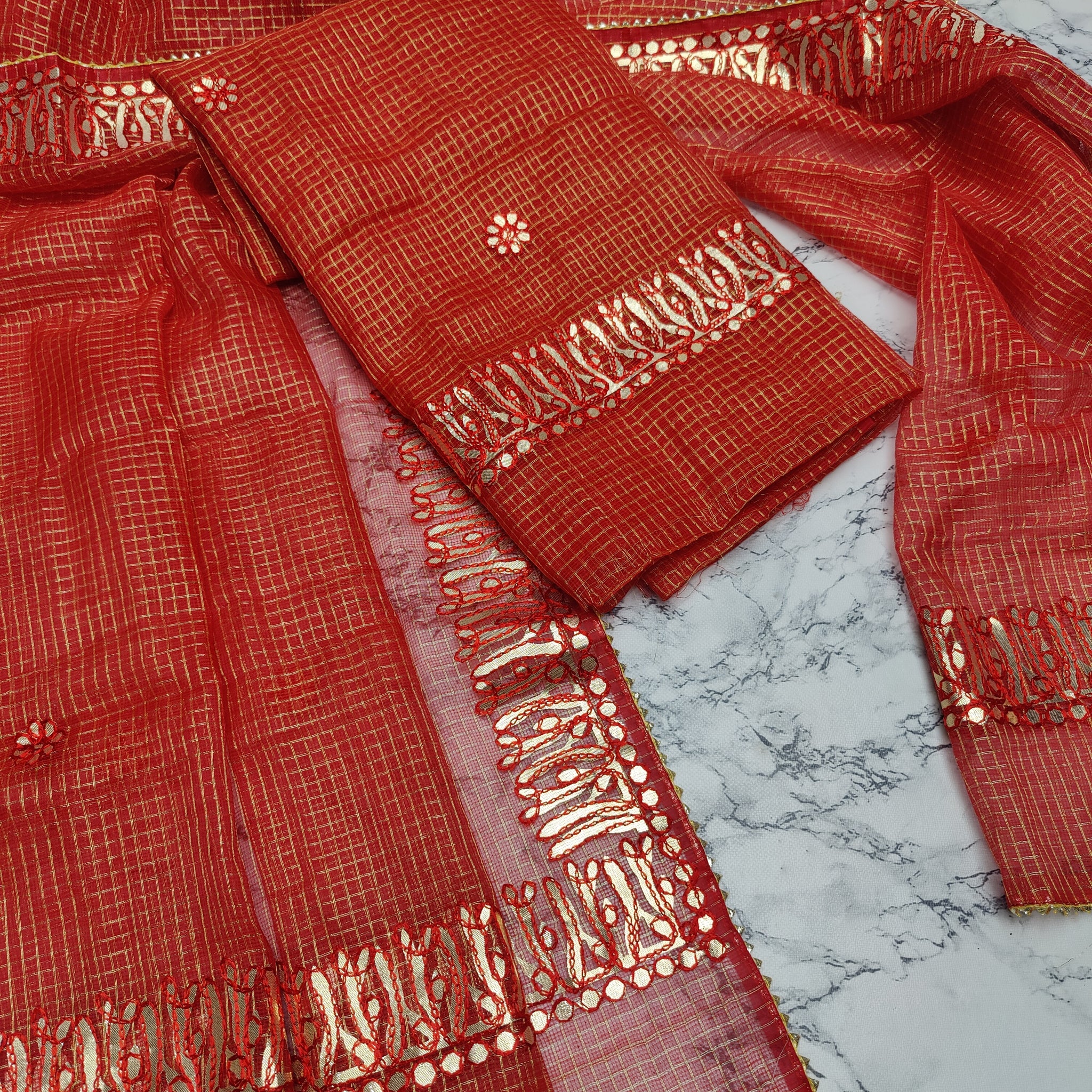 Red Kota Doria Cotton Gota-Patti Work Dress Material with Bottom