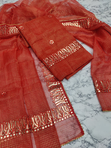 Red Kota Doria Cotton Gota-Patti Work Dress Material with Bottom