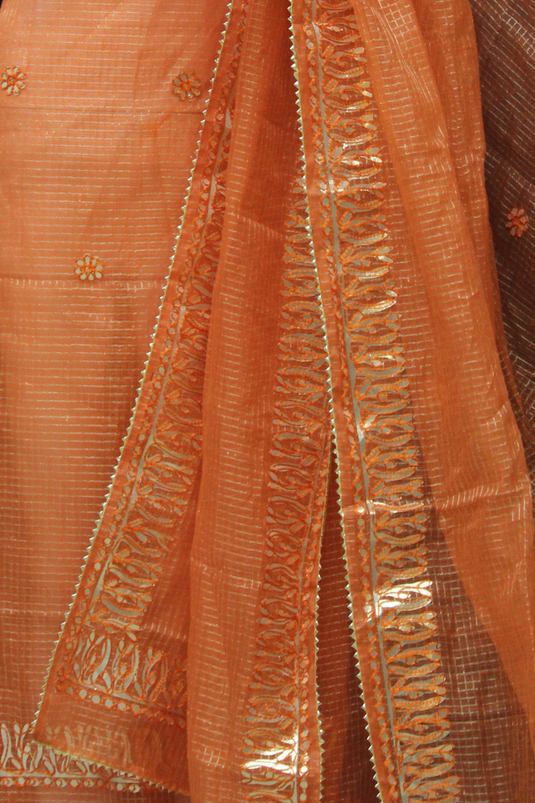 Orange Kota Doria Cotton Gota-Patti Work Dress Material with Bottom