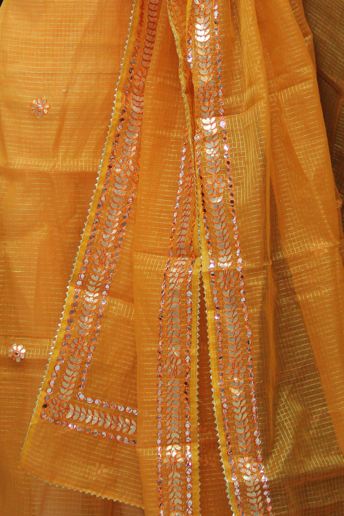 Orange Kota Doria Cotton Gota-Patti Work Dress Material with Bottom