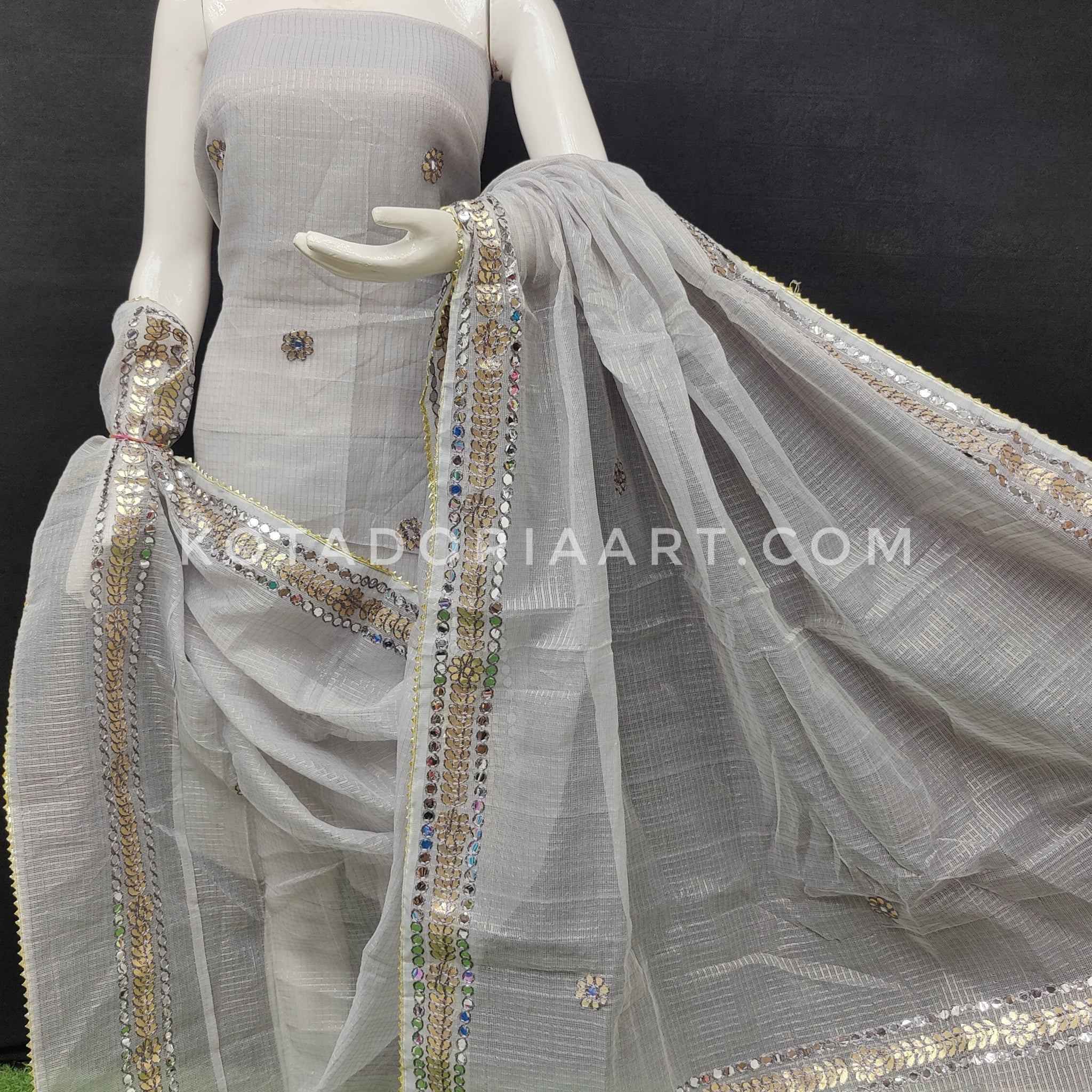 Gray Kota Doria Cotton Gota-Patti Work Dress Material with Bottom