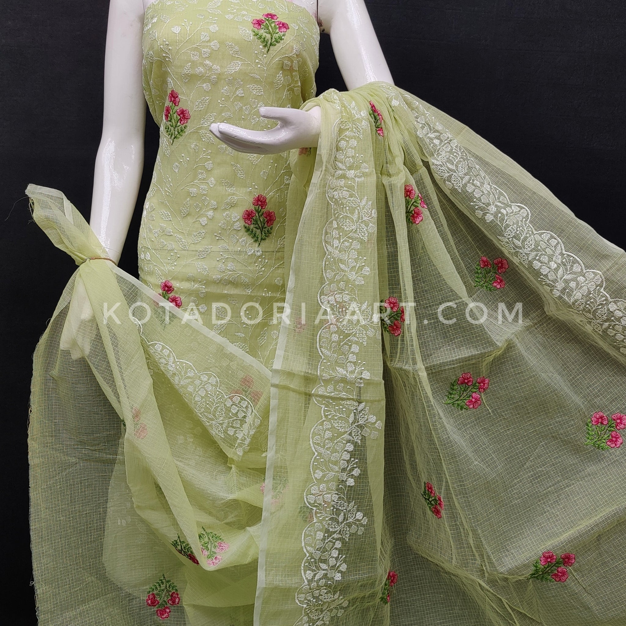 Pista-green Kota Doria Cotton Embroidery Work Dress Material
