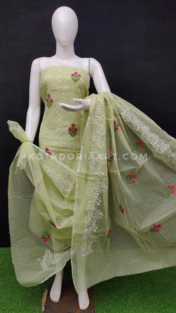 Pista-green Kota Doria Cotton Embroidery Work Dress Material