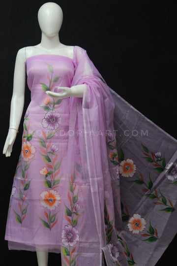 Purple Kota Doria Cotton Hand Pented Dress Material With Bottom.