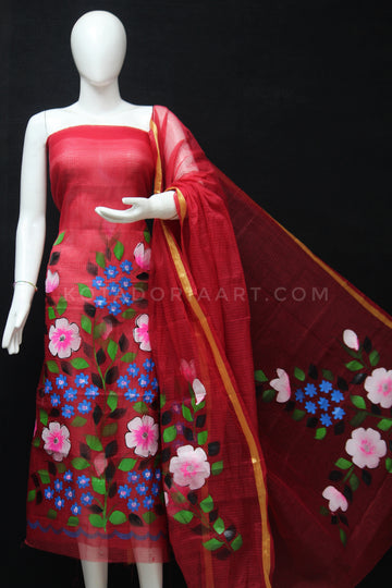 Red Kota Doria Cotton Hand Pented Dress Material With Bottom.