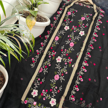 Black Kota Doria Cotton Embroidery Work Dress Material