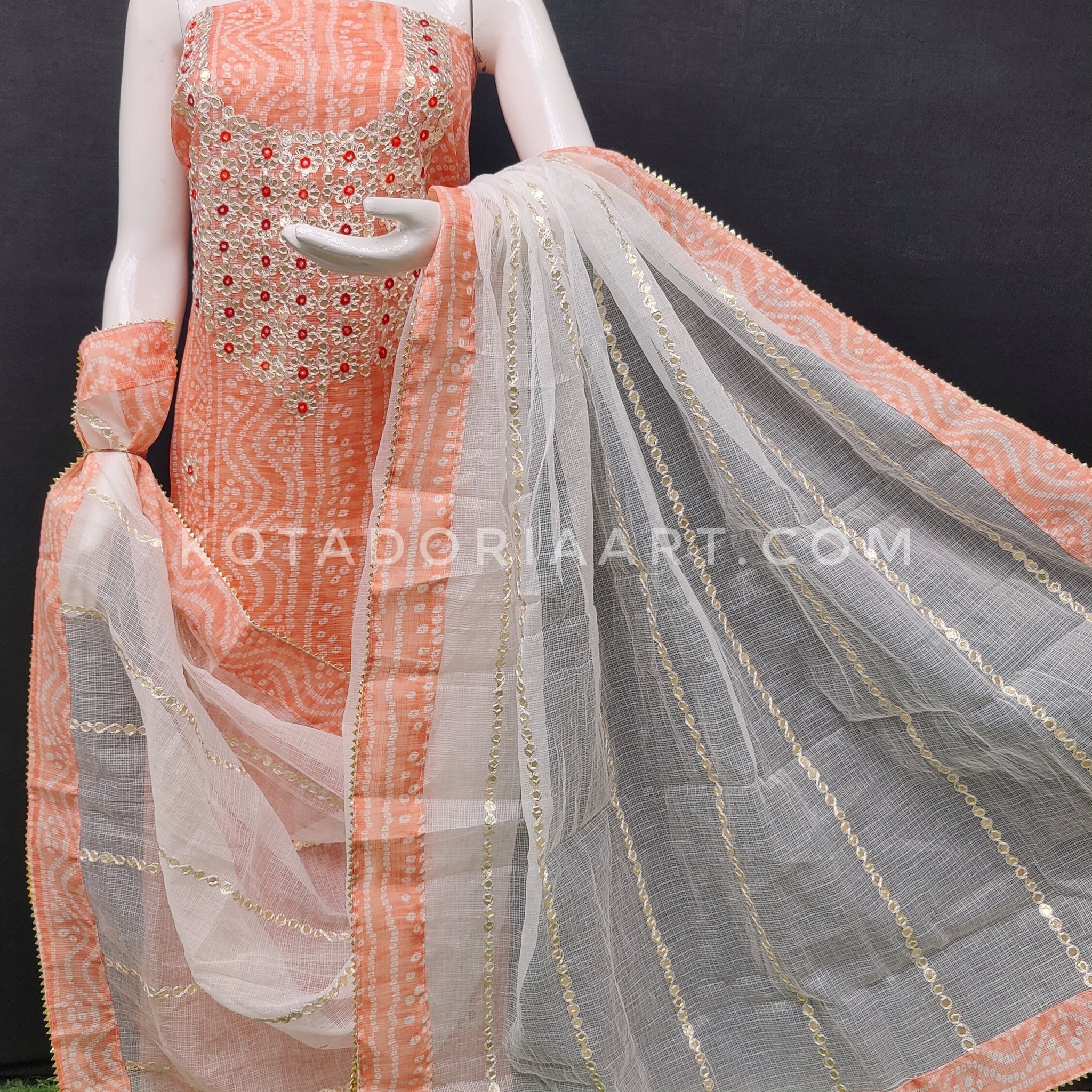 Peach Bandhej Kota Doria Cotton Gota-Patti Work Dress Material