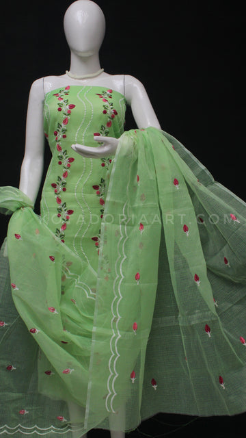 Green Kota Doria Cotton Embroidery Work Dress Material