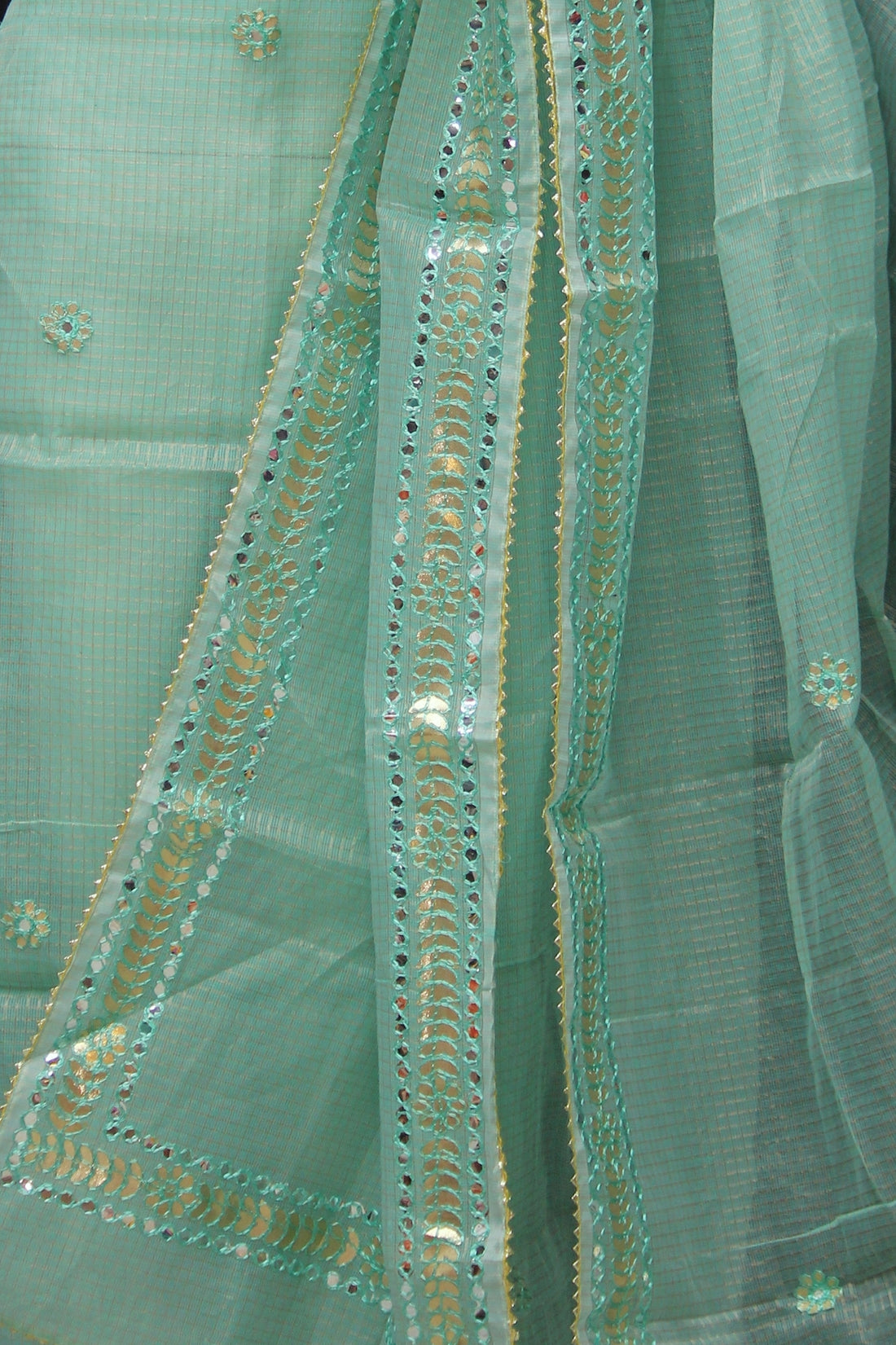 Sea Green Kota Doria Cotton Gota-Patti Work Dress Material with Bottom