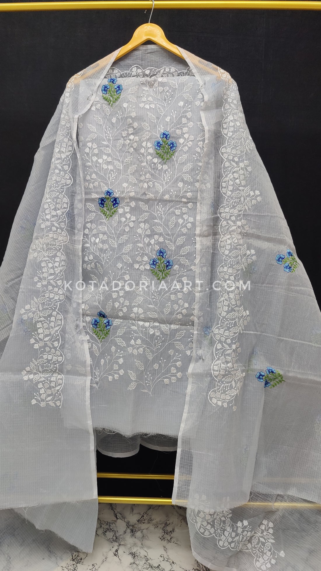 Gray Kota Doria Cotton Embroidery Work Dress Material -