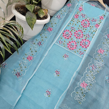 Sky-blue Doria Cotton Embroidery Work Dress Material