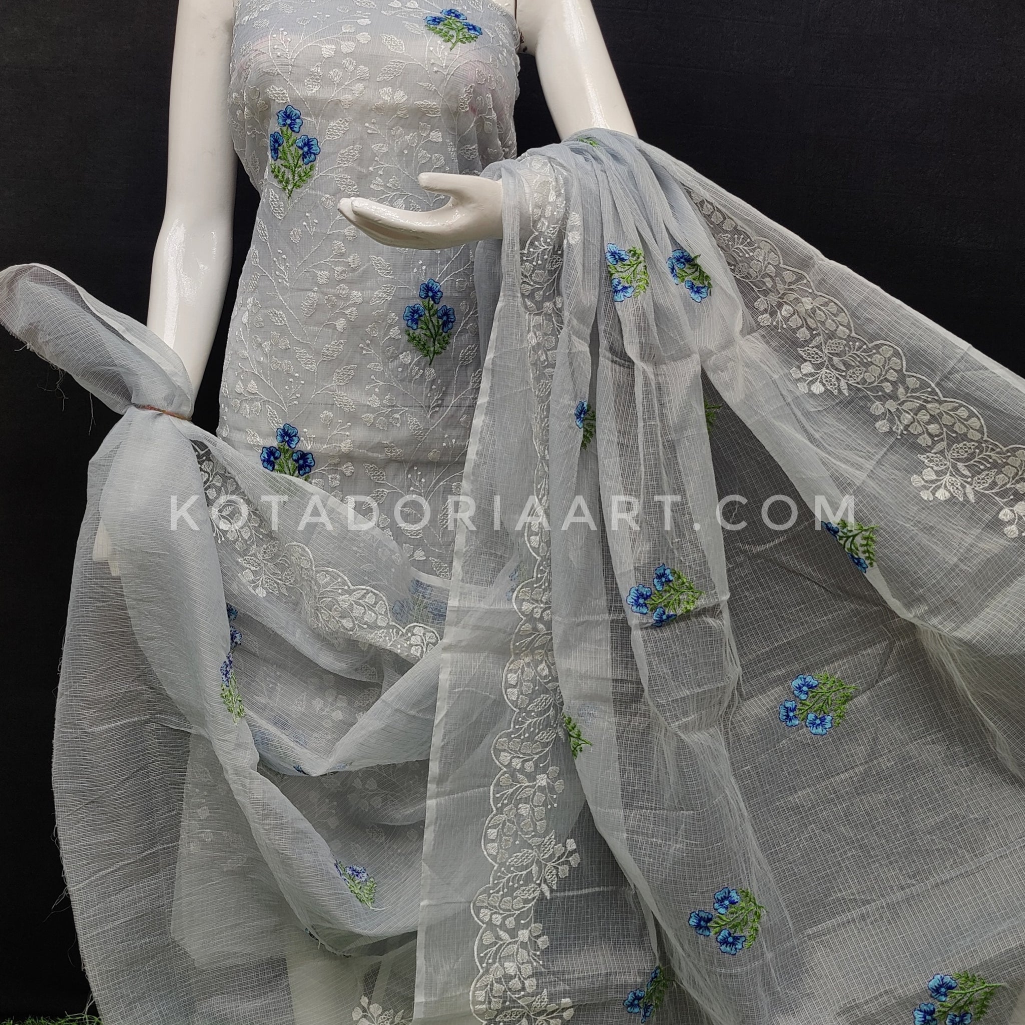 Gray Kota Doria Cotton Embroidery Work Dress Material -