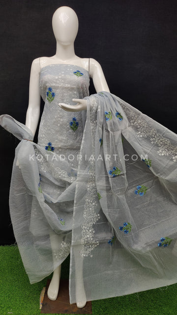 Gray Kota Doria Cotton Embroidery Work Dress Material -
