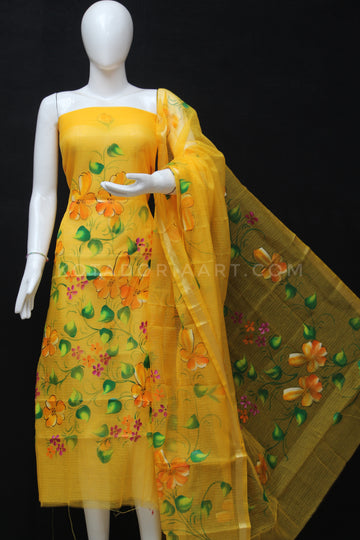 C6 Yellow Kota Doria Cotton Hand Pented Dress Material With Bottom.